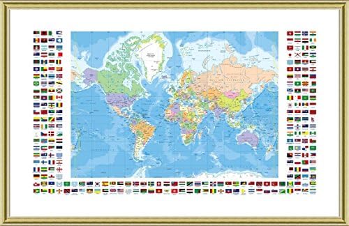 Alonline Art - דגלים מודרניים פוליטיים מס '1 לפי מפת העולם | תמונה ממוסגרת זהב מודפסת על בד כותנה, מחוברת ללוח
